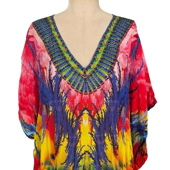 Sakkas Laisson Flowy Hi Low Caftan Rhinestone Boxy V Neck Dress Top Cover / Up - Picture 7 of 13